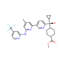 COC(=O)C1CCC([C@](O)(c2ccc(-c3cc(C)cc(Nc4cc(C(F)(F)F)ccn4)n3)cn2)C2CC2)CC1 ZINC001772647673