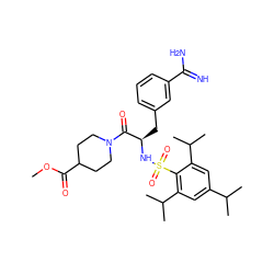 COC(=O)C1CCN(C(=O)[C@@H](Cc2cccc(C(=N)N)c2)NS(=O)(=O)c2c(C(C)C)cc(C(C)C)cc2C(C)C)CC1 ZINC000026934933