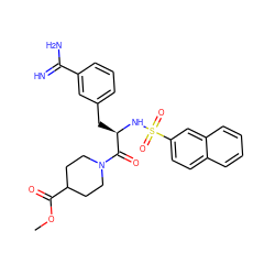 COC(=O)C1CCN(C(=O)[C@@H](Cc2cccc(C(=N)N)c2)NS(=O)(=O)c2ccc3ccccc3c2)CC1 ZINC000012501048