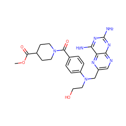 COC(=O)C1CCN(C(=O)c2ccc(N(CCO)Cc3cnc4nc(N)nc(N)c4n3)cc2)CC1 ZINC000095575313