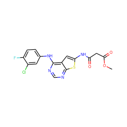 COC(=O)CC(=O)Nc1cc2c(Nc3ccc(F)c(Cl)c3)ncnc2s1 ZINC000169311796