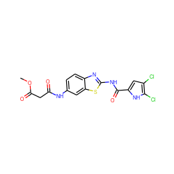 COC(=O)CC(=O)Nc1ccc2nc(NC(=O)c3cc(Cl)c(Cl)[nH]3)sc2c1 ZINC001772593347