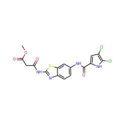 COC(=O)CC(=O)Nc1nc2ccc(NC(=O)c3cc(Cl)c(Cl)[nH]3)cc2s1 ZINC001772581568