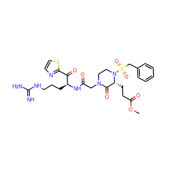 COC(=O)CC[C@@H]1C(=O)N(CC(=O)N[C@@H](CCCNC(=N)N)C(=O)c2nccs2)CCN1S(=O)(=O)Cc1ccccc1 ZINC000003934264