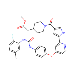 COC(=O)CC1CCN(C(=O)c2c[nH]c(-c3cc(Oc4ccc(NC(=O)Nc5cc(C)ccc5F)cc4)ccn3)c2)CC1 ZINC000169699262