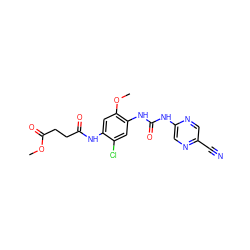 COC(=O)CCC(=O)Nc1cc(OC)c(NC(=O)Nc2cnc(C#N)cn2)cc1Cl ZINC000014956065