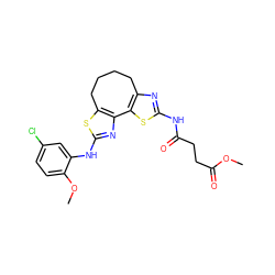 COC(=O)CCC(=O)Nc1nc2c(s1)-c1nc(Nc3cc(Cl)ccc3OC)sc1CCCC2 ZINC000209983835