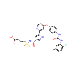 COC(=O)CCC=[S@@](C)(=O)NC(=O)c1c[nH]c(-c2cc(Oc3ccc(NC(=O)Nc4cc(C)ccc4F)cc3)ccn2)c1 ZINC000169699258