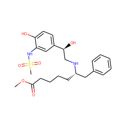 COC(=O)CCCC[C@@H](Cc1ccccc1)NC[C@H](O)c1ccc(O)c(NS(C)(=O)=O)c1 ZINC000096900574