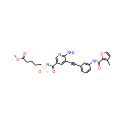 COC(=O)CCCC[S@](C)(=O)=NC(=O)c1cnc(N)c(C#Cc2cccc(NC(=O)c3occc3C)c2)c1 ZINC001772585300