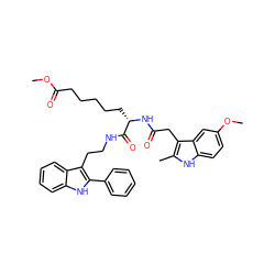 COC(=O)CCCCC[C@H](NC(=O)Cc1c(C)[nH]c2ccc(OC)cc12)C(=O)NCCc1c(-c2ccccc2)[nH]c2ccccc12 ZINC000036338709