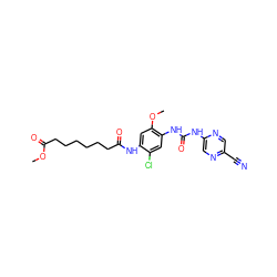 COC(=O)CCCCCCC(=O)Nc1cc(OC)c(NC(=O)Nc2cnc(C#N)cn2)cc1Cl ZINC000014956069