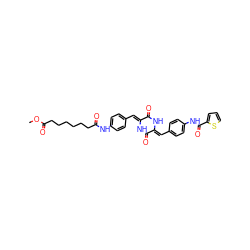 COC(=O)CCCCCCC(=O)Nc1ccc(/C=c2\[nH]c(=O)/c(=C/c3ccc(NC(=O)c4cccs4)cc3)[nH]c2=O)cc1 ZINC000026578503