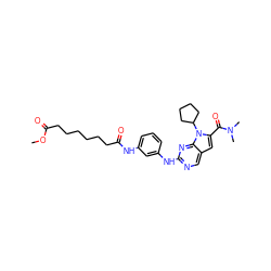 COC(=O)CCCCCCC(=O)Nc1cccc(Nc2ncc3cc(C(=O)N(C)C)n(C4CCCC4)c3n2)c1 ZINC001772653877