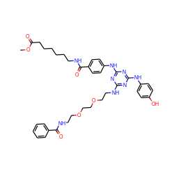 COC(=O)CCCCCCNC(=O)c1ccc(Nc2nc(NCCOCCOCCNC(=O)c3ccccc3)nc(Nc3ccc(O)cc3)n2)cc1 ZINC000198499620