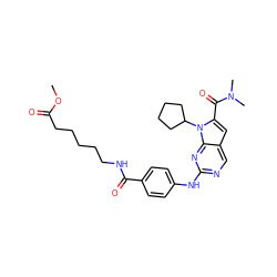 COC(=O)CCCCCNC(=O)c1ccc(Nc2ncc3cc(C(=O)N(C)C)n(C4CCCC4)c3n2)cc1 ZINC001772571771