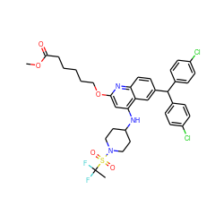 COC(=O)CCCCCOc1cc(NC2CCN(S(=O)(=O)C(C)(F)F)CC2)c2cc(C(c3ccc(Cl)cc3)c3ccc(Cl)cc3)ccc2n1 ZINC001772646919