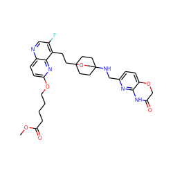 COC(=O)CCCCOc1ccc2ncc(F)c(CCC34CCC(NCc5ccc6c(n5)NC(=O)CO6)(CC3)CO4)c2n1 ZINC000149230239