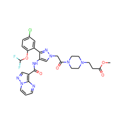 COC(=O)CCN1CCN(C(=O)Cn2cc(NC(=O)c3cnn4cccnc34)c(-c3cc(Cl)ccc3OC(F)F)n2)CC1 ZINC001772629161