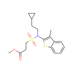 COC(=O)CCS(=O)(=O)N(CCC1CC1)c1sc2ccccc2c1C ZINC000115236521