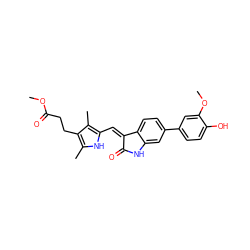 COC(=O)CCc1c(C)[nH]c(/C=C2\C(=O)Nc3cc(-c4ccc(O)c(OC)c4)ccc32)c1C ZINC000014956313