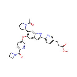 COC(=O)CCc1ccc(-c2cc3cc(Oc4ccc(C(=O)N5CCC5)nc4)c([C@H]4CCCN4C(C)=O)cc3[nH]2)nc1 ZINC000209685494