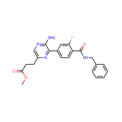 COC(=O)CCc1cnc(N)c(-c2ccc(C(=O)NCc3ccccc3)c(F)c2)n1 ZINC001772642930