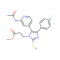 COC(=O)CCn1c(SC)nc(-c2ccc(F)cc2)c1-c1ccnc(NC(C)=O)c1 ZINC000064527275