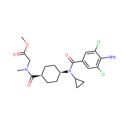 COC(=O)CN(C)C(=O)[C@H]1CC[C@@H](N(C(=O)c2cc(Cl)c(N)c(Cl)c2)C2CC2)CC1 ZINC000261088291