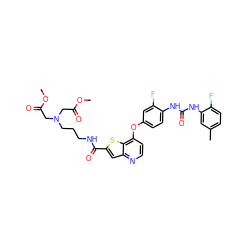 COC(=O)CN(CCCNC(=O)c1cc2nccc(Oc3ccc(NC(=O)Nc4cc(C)ccc4F)c(F)c3)c2s1)CC(=O)OC ZINC000220015288