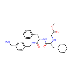 COC(=O)CN[C@H](CC1CCCCC1)C(=O)N[C@@H](Cc1ccccc1)C(=O)NCc1ccc(CN)cc1 ZINC000206312509