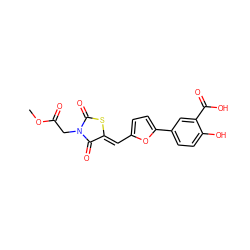 COC(=O)CN1C(=O)S/C(=C\c2ccc(-c3ccc(O)c(C(=O)O)c3)o2)C1=O ZINC000029045266