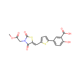 COC(=O)CN1C(=O)S/C(=C\c2ccc(-c3ccc(O)c(C(=O)O)c3)s2)C1=O ZINC000029044298