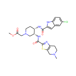 COC(=O)CN1CC[C@H](NC(=O)c2cc3cc(Cl)ccc3[nH]2)[C@H](NC(=O)c2nc3c(s2)CN(C)CC3)C1 ZINC000029129025