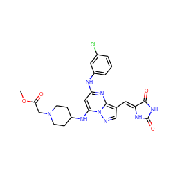 COC(=O)CN1CCC(Nc2cc(Nc3cccc(Cl)c3)nc3c(/C=C4\NC(=O)NC4=O)cnn23)CC1 ZINC000167623378