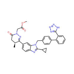 COC(=O)CN1N=C(c2ccc3nc(C4CC4)n(Cc4ccc(-c5ccccc5-c5nnn[nH]5)cc4)c3c2)[C@@H](C)CC1=O ZINC000028756877