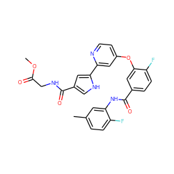 COC(=O)CNC(=O)c1c[nH]c(-c2cc(Oc3cc(C(=O)Nc4cc(C)ccc4F)ccc3F)ccn2)c1 ZINC000149460291