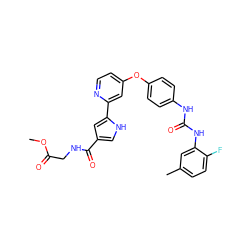 COC(=O)CNC(=O)c1c[nH]c(-c2cc(Oc3ccc(NC(=O)Nc4cc(C)ccc4F)cc3)ccn2)c1 ZINC000149487597