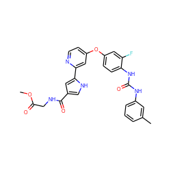 COC(=O)CNC(=O)c1c[nH]c(-c2cc(Oc3ccc(NC(=O)Nc4cccc(C)c4)c(F)c3)ccn2)c1 ZINC000149525862