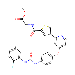 COC(=O)CNC(=O)c1cc(-c2cc(Oc3ccc(NC(=O)Nc4cc(C)ccc4F)cc3)ccn2)cs1 ZINC000116236284