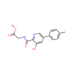 COC(=O)CNC(=O)c1ncc(-c2ccc(C)cc2)cc1O ZINC000117535540