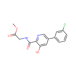 COC(=O)CNC(=O)c1ncc(-c2cccc(Cl)c2)cc1O ZINC000117534738