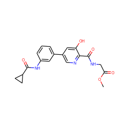 COC(=O)CNC(=O)c1ncc(-c2cccc(NC(=O)C3CC3)c2)cc1O ZINC000117532586