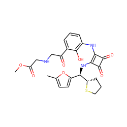 COC(=O)CNCC(=O)c1cccc(Nc2c(N[C@H](c3ccc(C)o3)[C@@H]3CCCS3)c(=O)c2=O)c1O ZINC001772640080