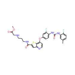 COC(=O)CNCCCNC(=O)c1cc2nccc(Oc3ccc(NC(=O)Nc4cc(C)ccc4F)c(F)c3)c2s1 ZINC000220015217