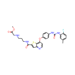 COC(=O)CNCCCNC(=O)c1cc2nccc(Oc3ccc(NC(=O)Nc4cc(C)ccc4F)cc3)c2s1 ZINC000220010816