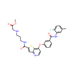 COC(=O)CNCCCNC(=O)c1cc2nccc(Oc3cccc(C(=O)Nc4cc(C)ccc4F)c3)c2s1 ZINC000219995003