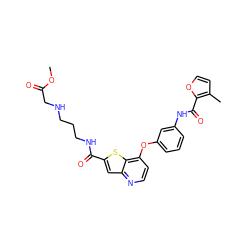 COC(=O)CNCCCNC(=O)c1cc2nccc(Oc3cccc(NC(=O)c4occc4C)c3)c2s1 ZINC000219991092