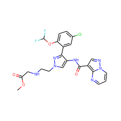 COC(=O)CNCCn1cc(NC(=O)c2cnn3cccnc23)c(-c2cc(Cl)ccc2OC(F)F)n1 ZINC001772645687