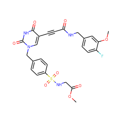 COC(=O)CNS(=O)(=O)c1ccc(Cn2cc(C#CC(=O)NCc3ccc(F)c(OC)c3)c(=O)[nH]c2=O)cc1 ZINC001772609108